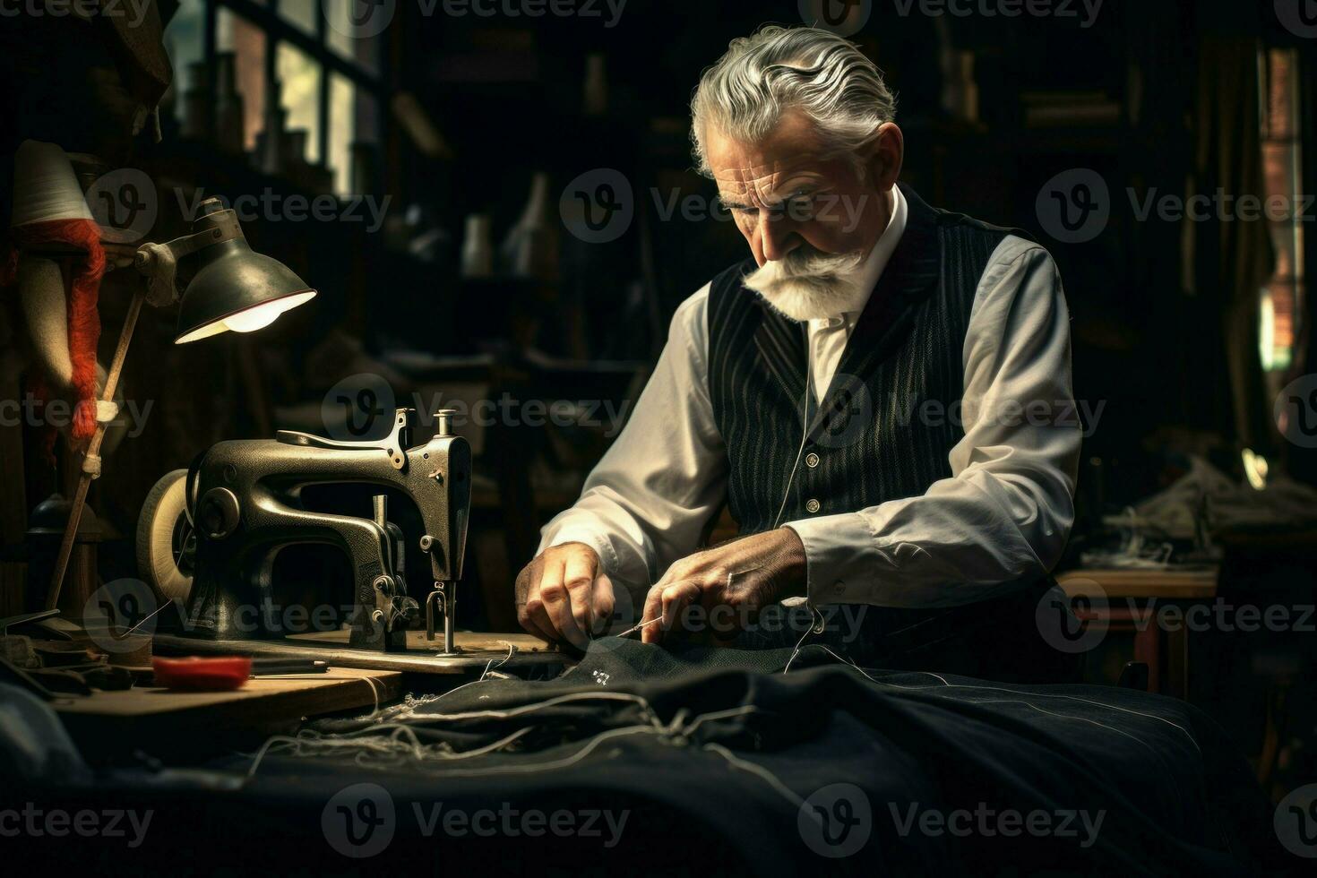 Mature tailor working in atelier on sewing machine. Generate Ai photo