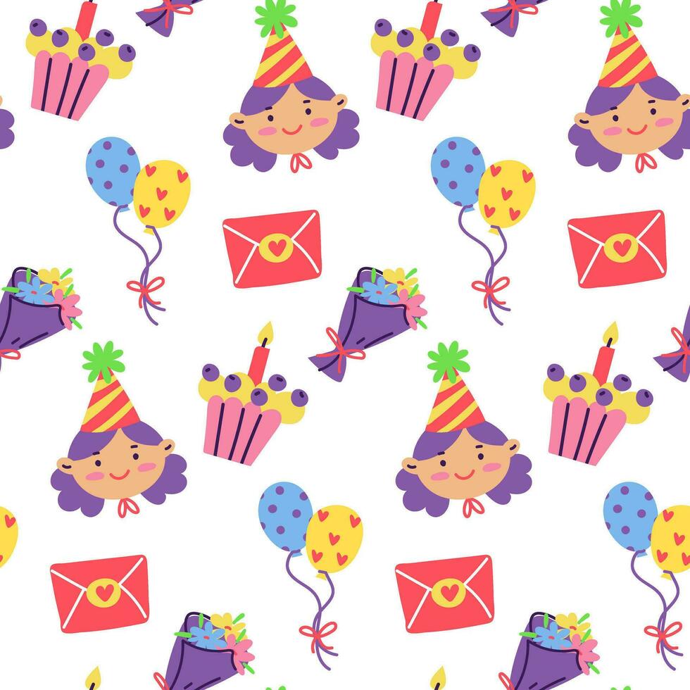 Birthday pattern portrait of a girl with a festive cone, envelope, balloons, bouquet, cupcake on a white background. Children's texture for the holiday vector