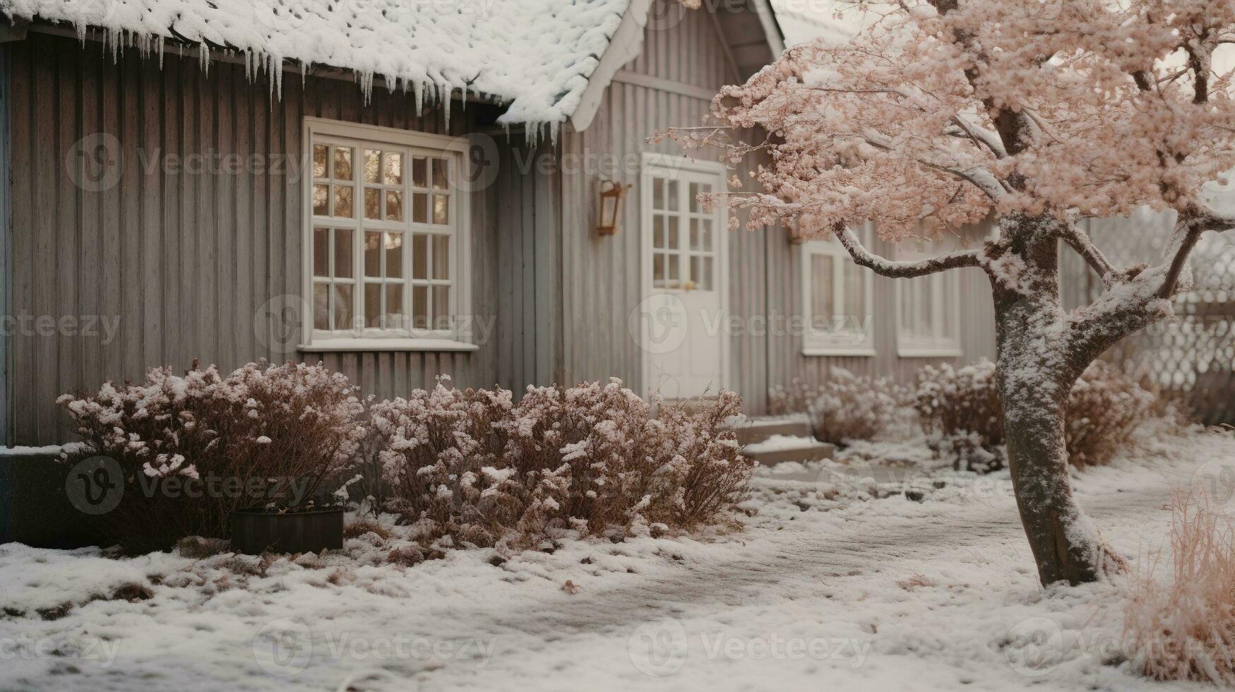 Generative AI, House front in the winter with Christmas decoration, wreath and garland. Snow cosy season photo
