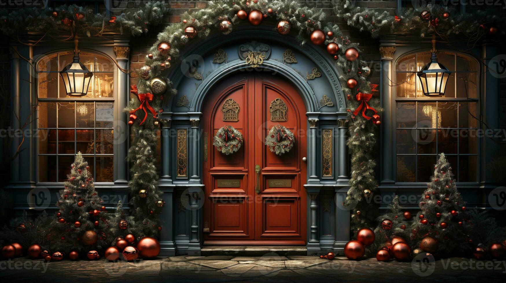 generativo ai, frente puerta con Navidad decoración, guirnalda y guirnalda. rojo y gris colores foto