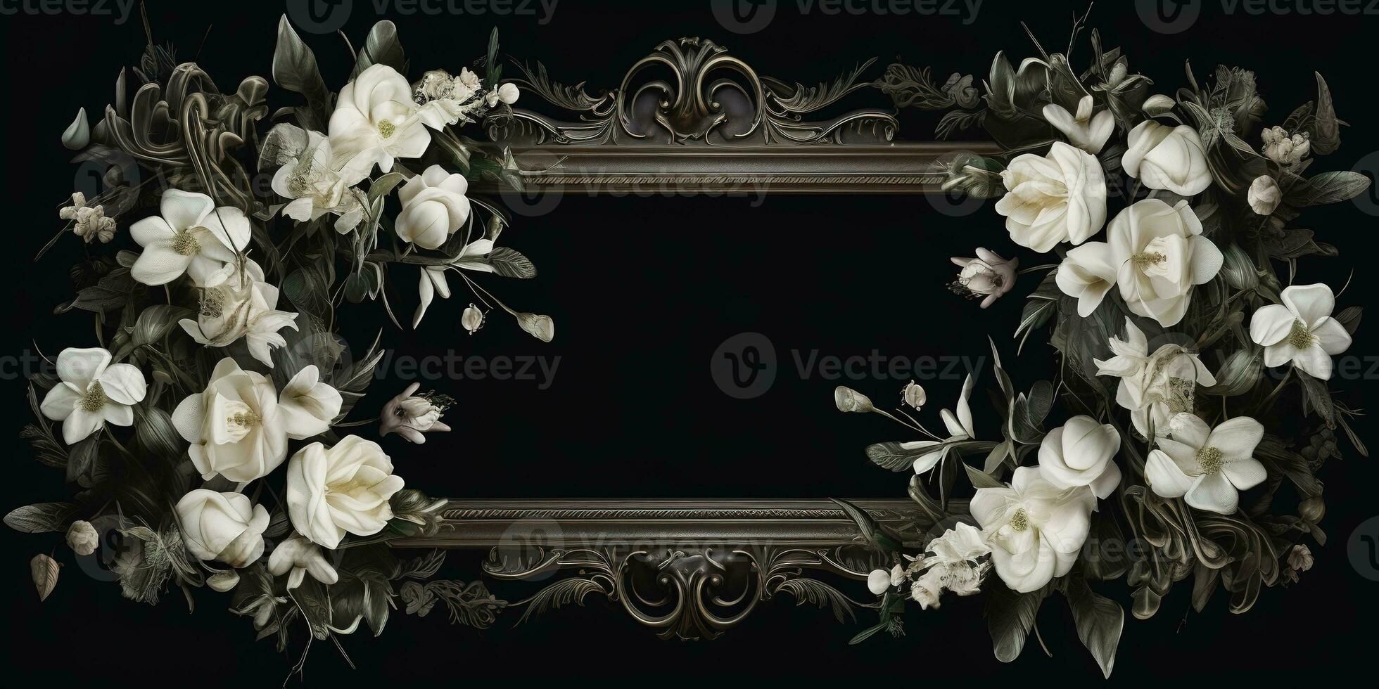 Generative AI, vintage frame with white flowers, futuristic victorian, black background photo