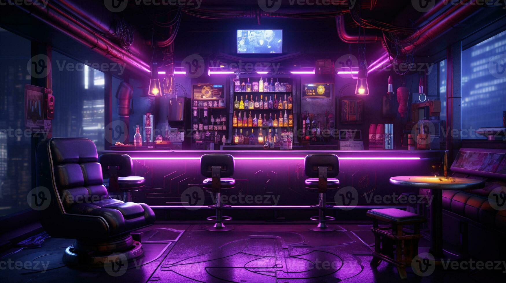 Generative AI, Cyberpunk style bar or cafe. Night scene of big city, futuristic nostalgic 80s, 90s. Neon lights vibrant colors, photorealistic horizontal illustration. photo