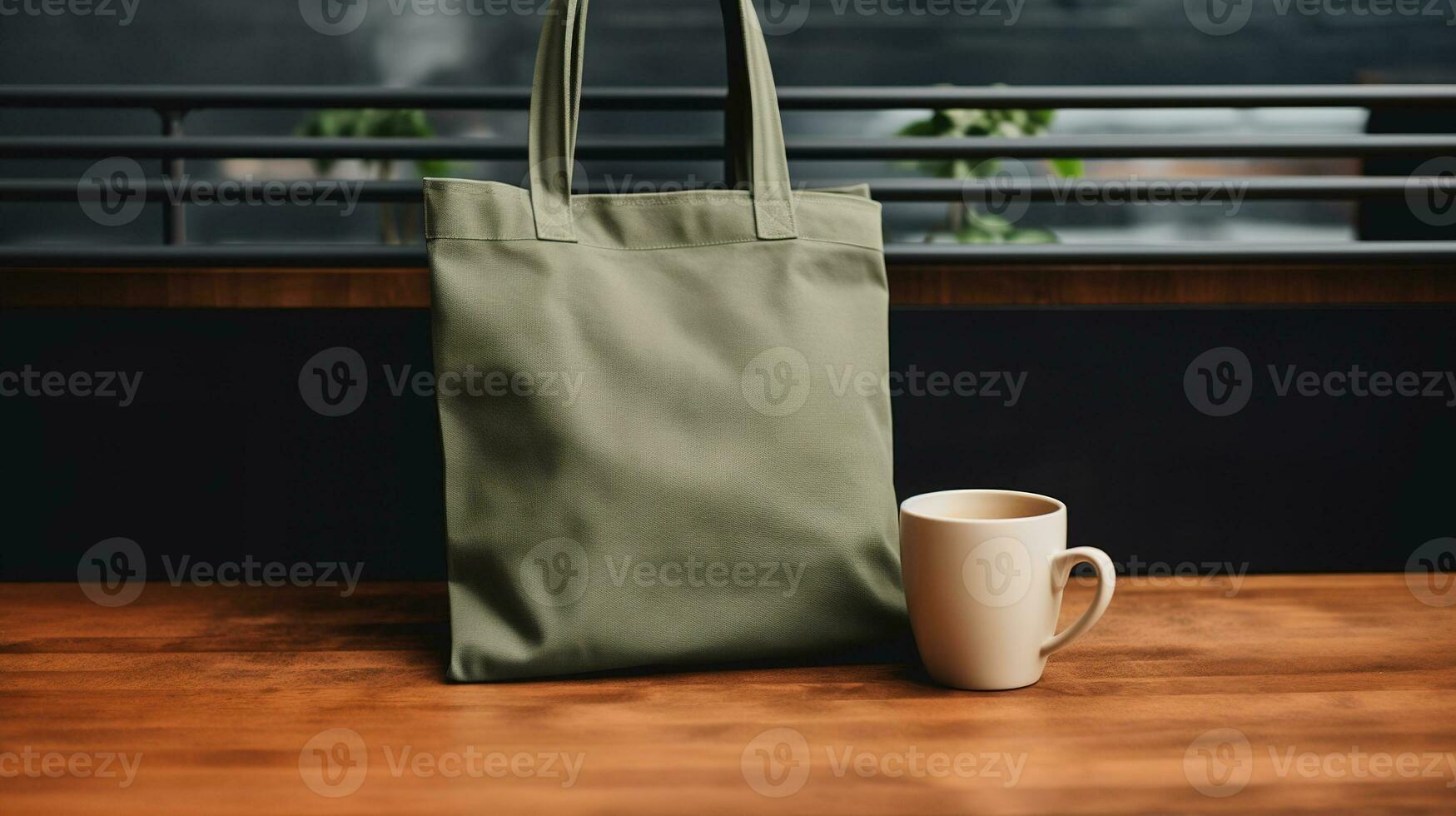 Generative AI, Realistic khaki tote canvas fabric bag set-up in at cafe interior, shopper mock up blank. photo