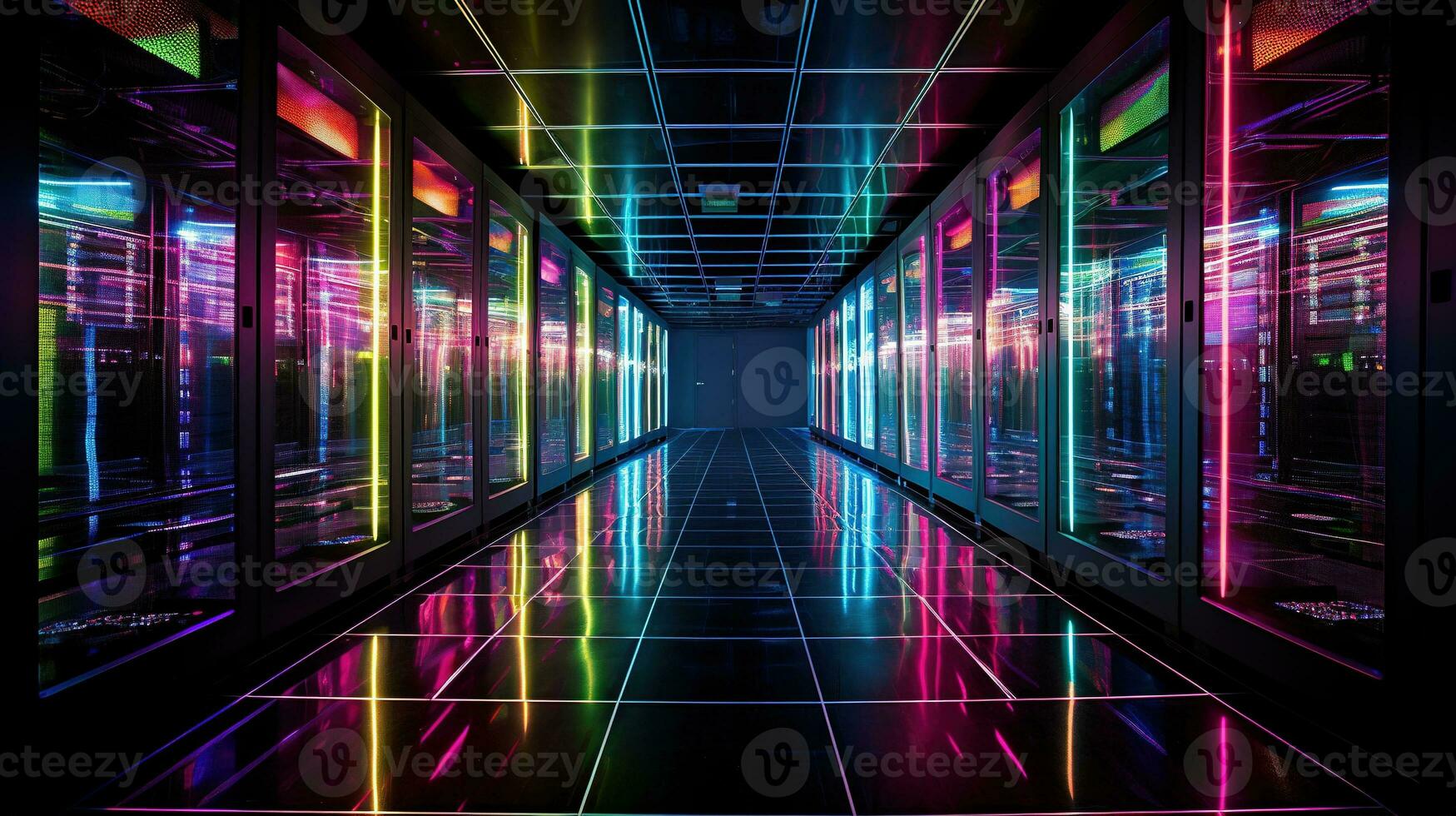 Generative AI, Data Center, modern high technology server room in neon colors. Modern telecommunications, cloud computing, artificial intelligence, database. photo