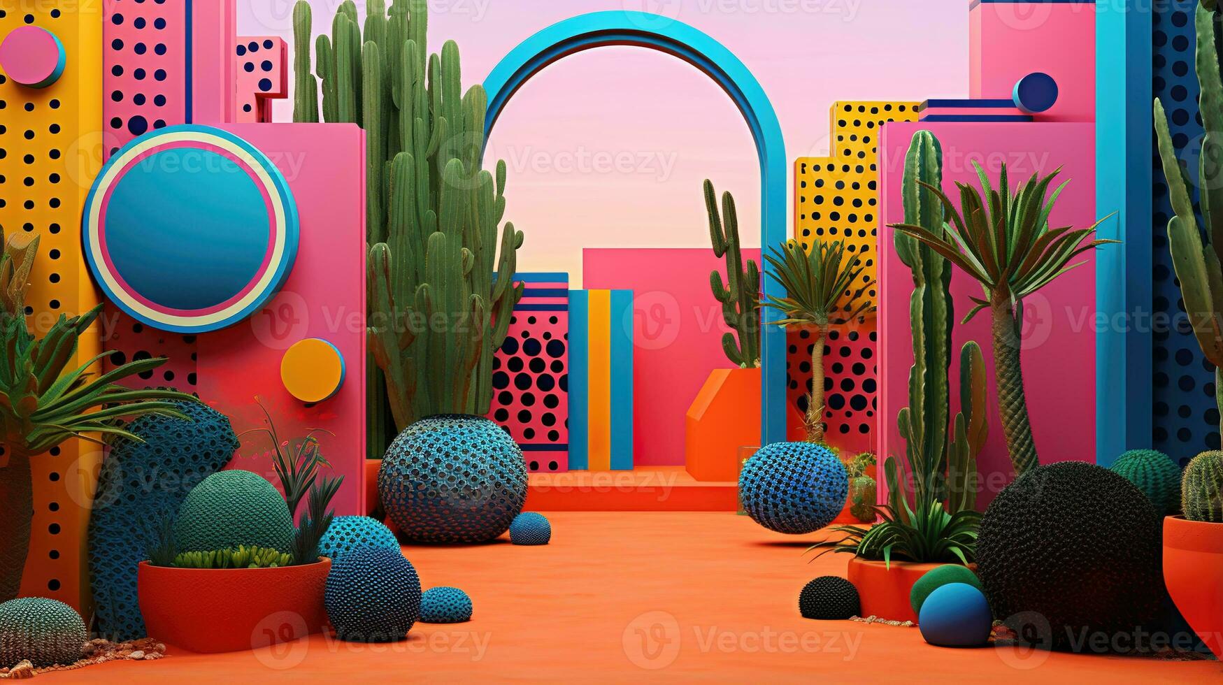 generativo ai, memphis posmoderno estilo interior con muchos plantas, vibrante colores habitación foto