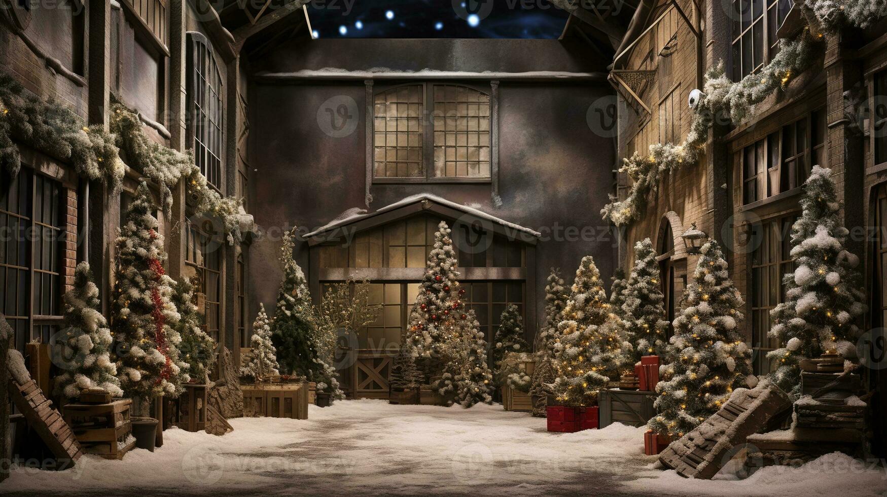 Generative AI, Christmas interior rural background, Santa Claus rustic workshop photo
