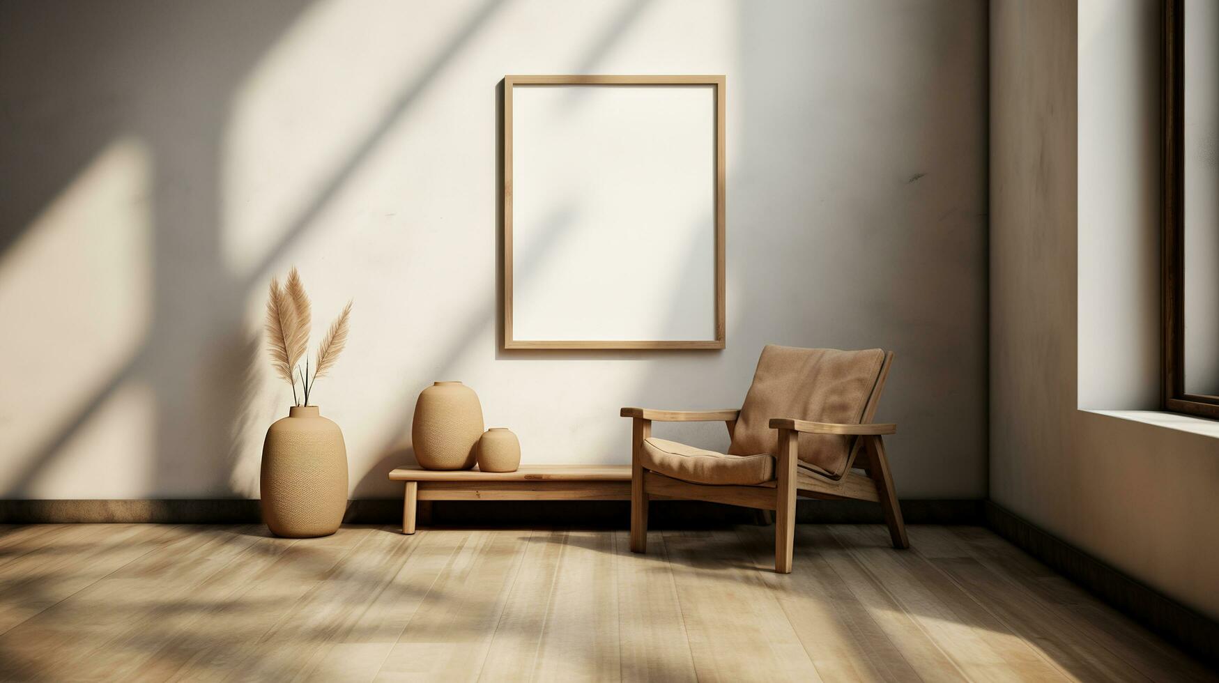 Generative AI, Poster frame mockup in beige and brown living room interior, wabi sabi minimalism style photo