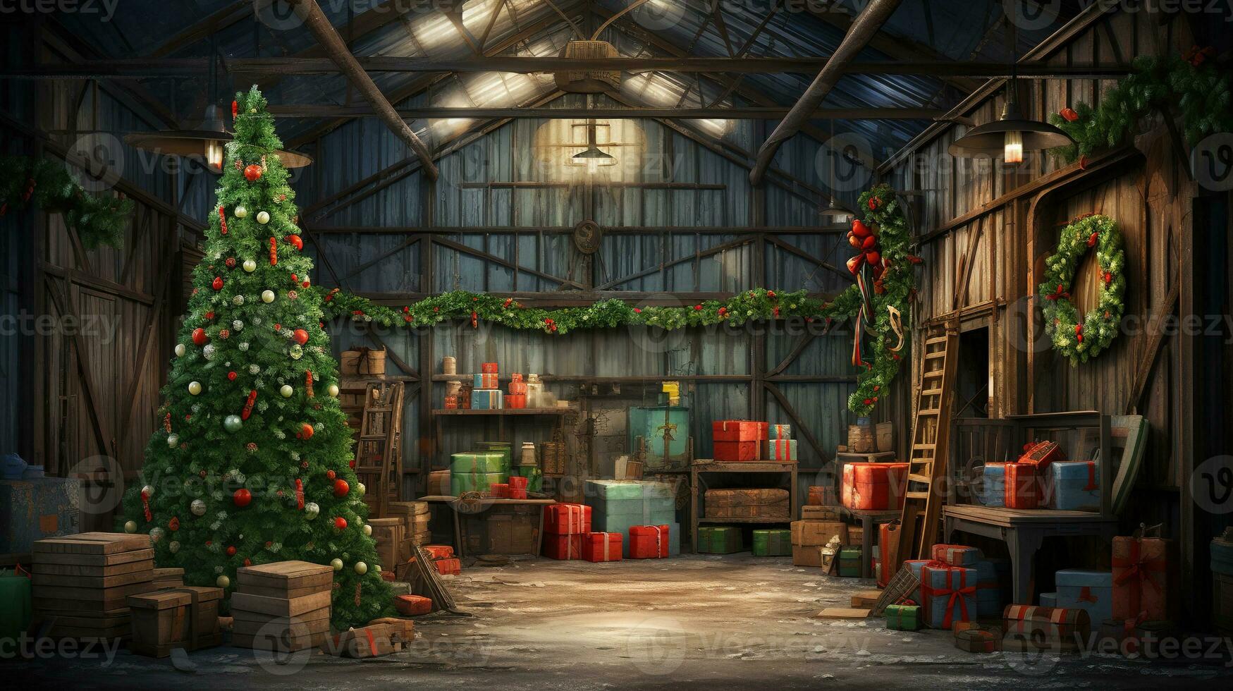 Generative AI, Christmas interior rural background, Santa Claus rustic workshop photo