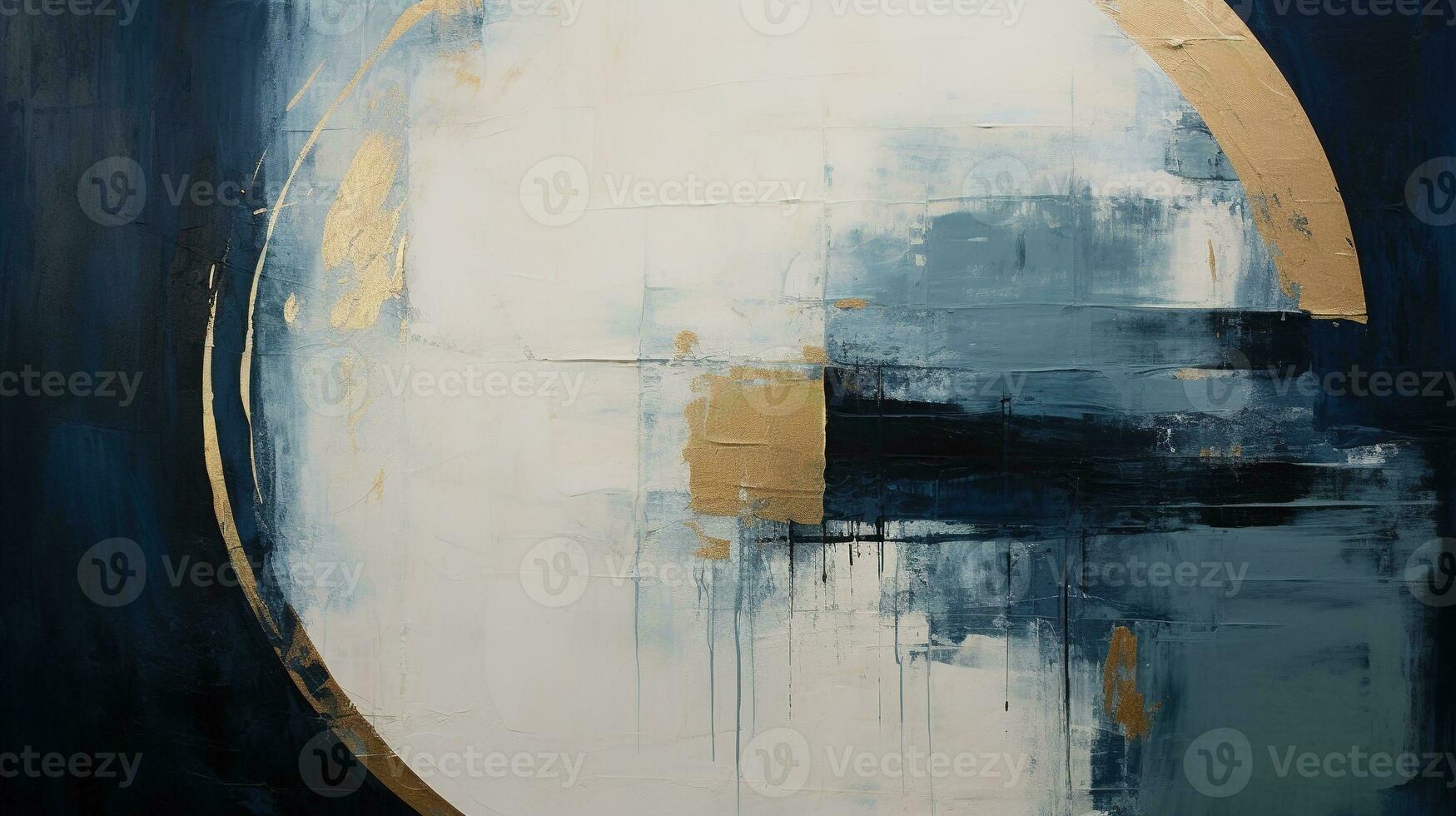 Generative AI, Blue, golden and ivory white colors, circle shapes vintage painting background. Grunge old oil impasto painted wall texture photo