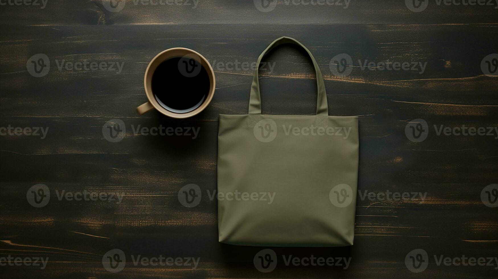 Generative AI, Realistic khaki tote canvas fabric bag set-up in at cafe interior, shopper mock up blank. photo