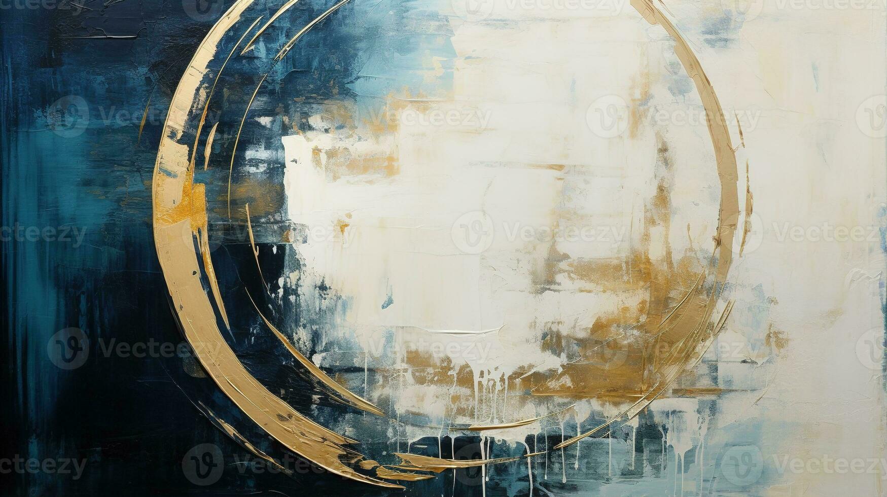 Generative AI, Blue, golden and ivory white colors, circle shapes vintage painting background. Grunge old oil impasto painted wall texture photo