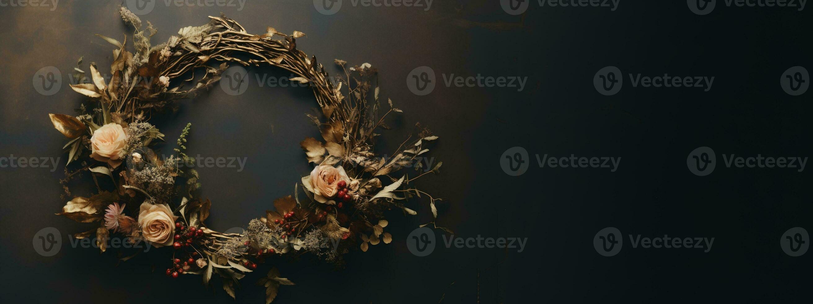 Generative AI, Stylish autumn rustic wreath close up, aesthetic muted colors photo