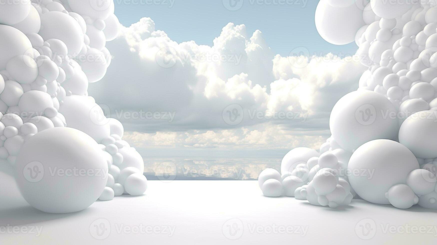 Generative AI, White blue fantastic 3d clouds in the room interior, sky and landscape. Gentle colors and with bright lights.. photo