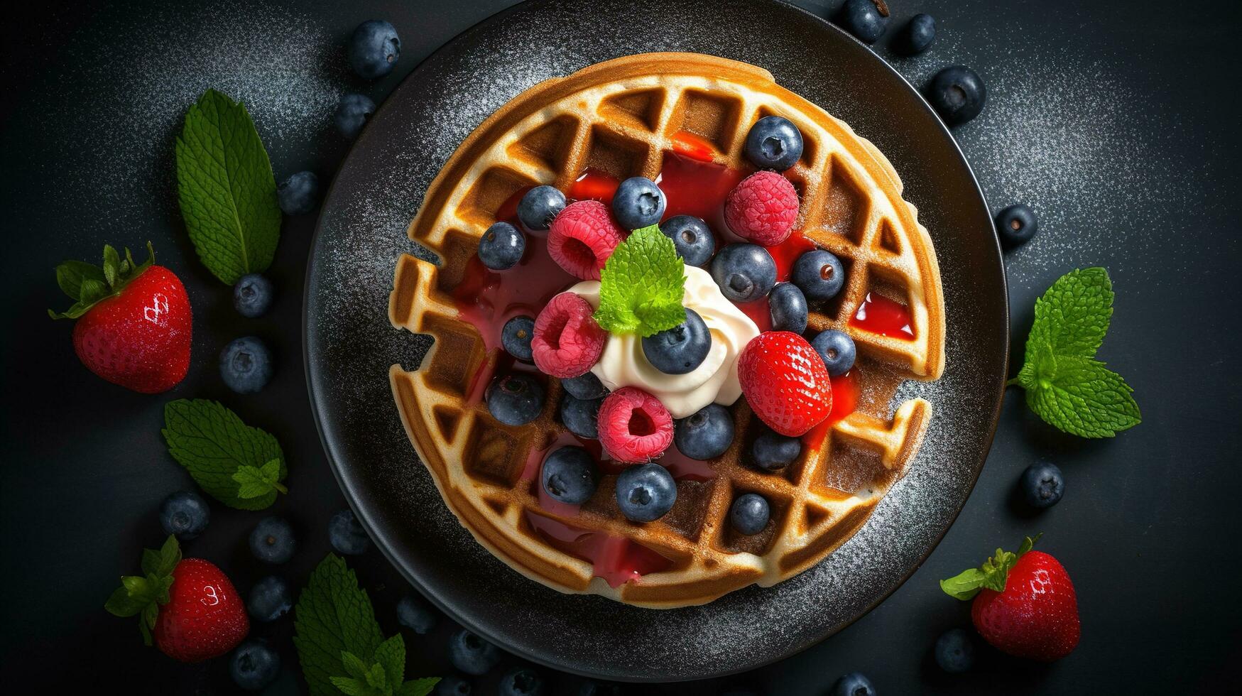 Generative AI, Assorted Belgian waffles with fruit and syrup, sweet baked dessert photo