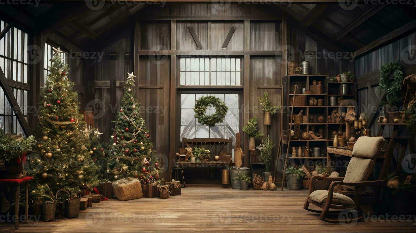 Generative AI, Christmas interior rural background, Santa Claus rustic workshop photo