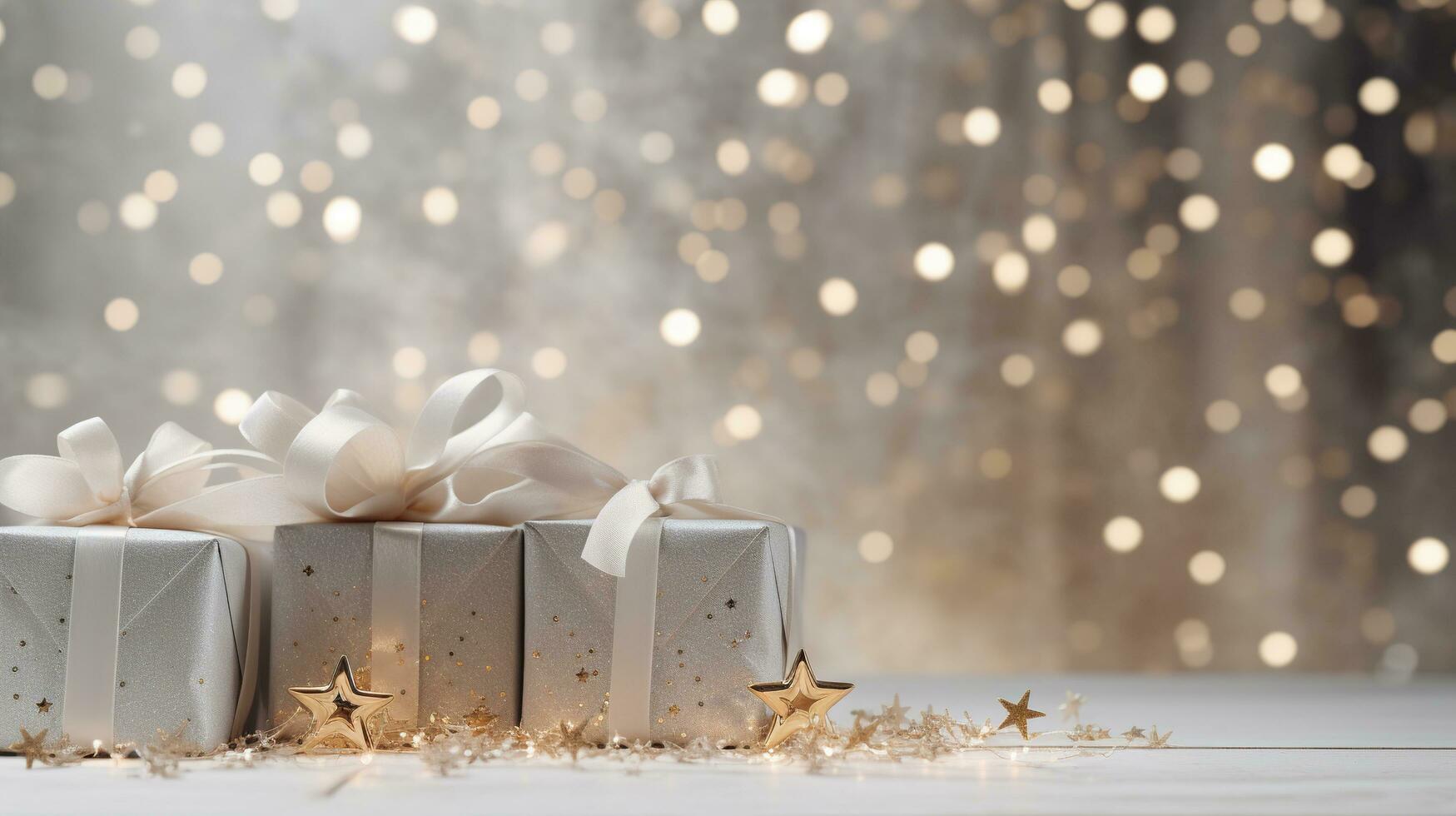 Generative AI, Christmas or New Year minimalistic background with gift boxes, silver and golden bokeh lights, muted colors photo