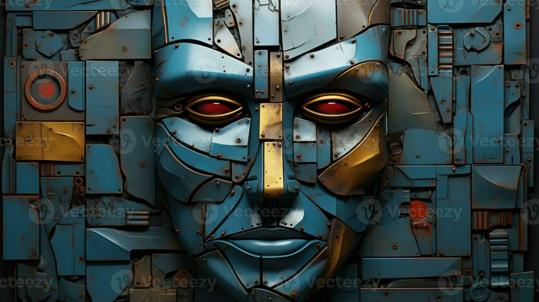 Generative AI, Abstract robotic face on rusty vintage metal background, geometric shapes photo