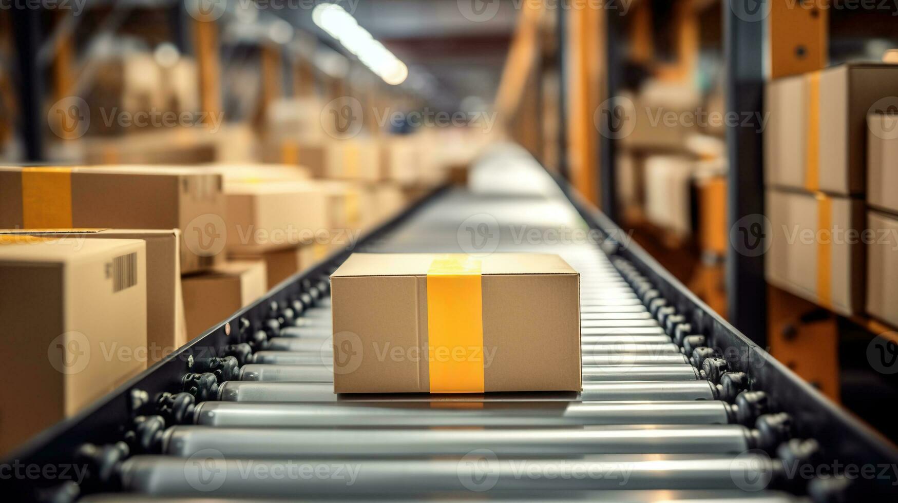 Generative AI, cardboard box packages moving along a conveyor belt photo