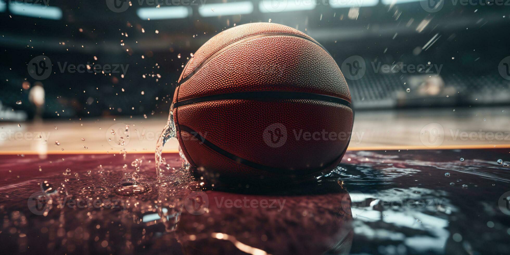 Generative AI, Basketball ball on the court with water splash and sunlight, closeup photo