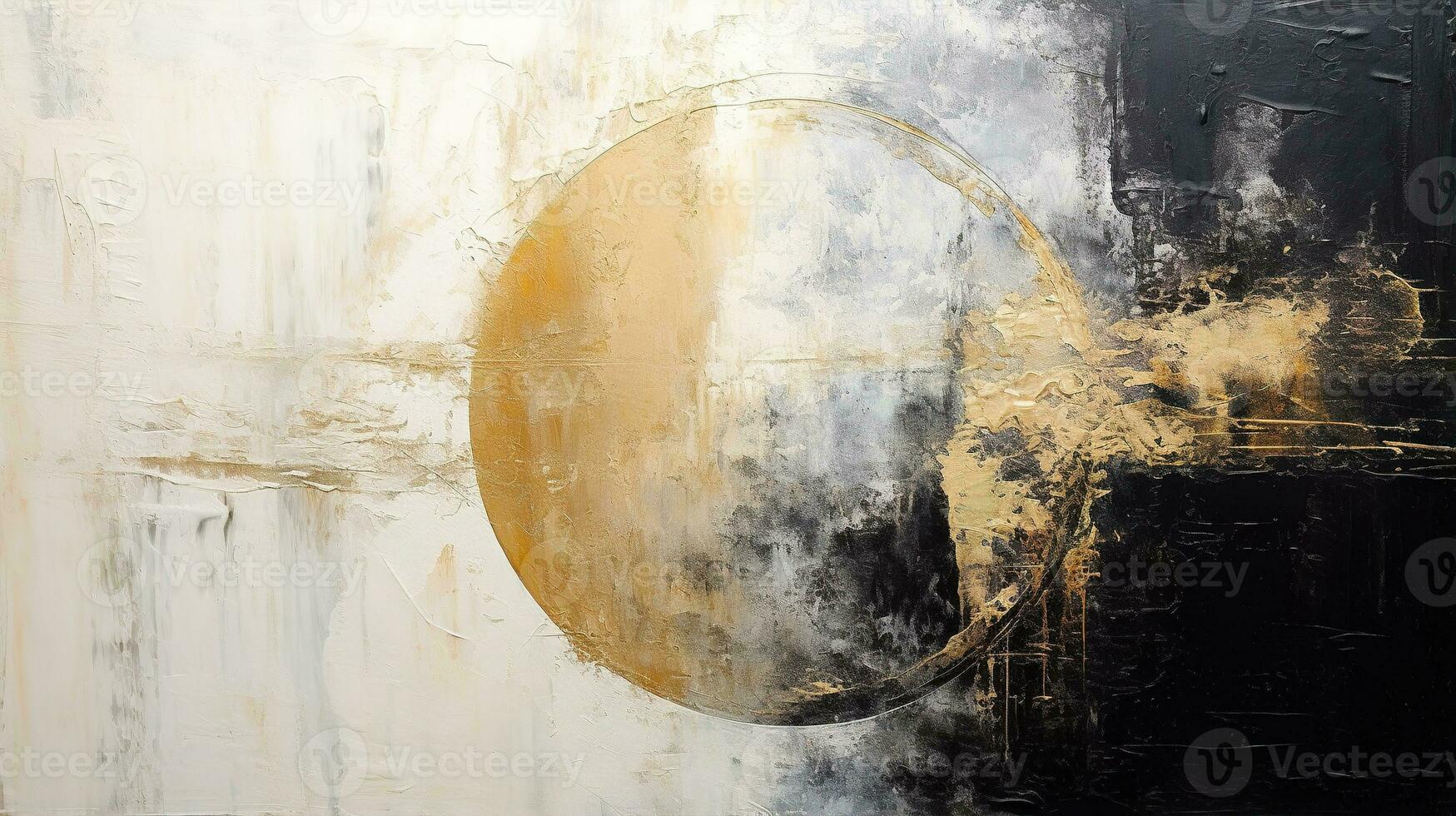 Generative AI, Black, golden and ivory white colors, circle shapes vintage painting background. Grunge old oil impasto painted wall texture photo