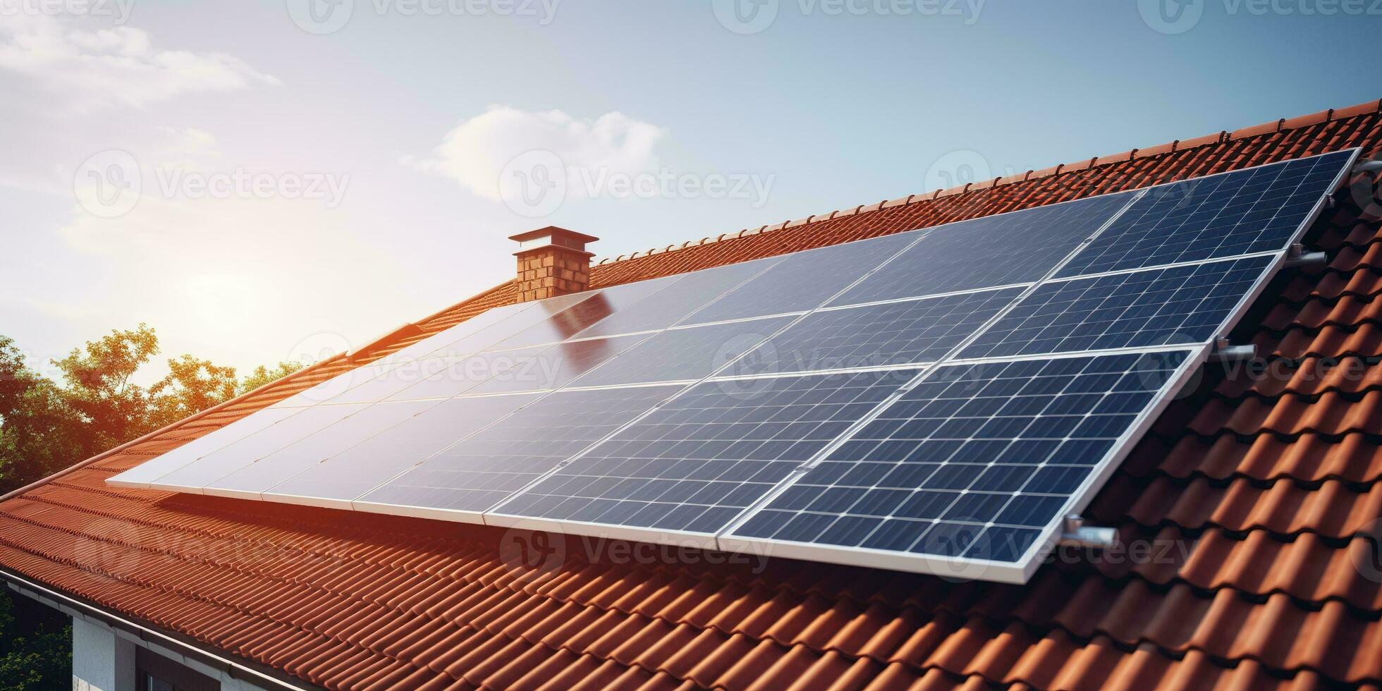 Generative AI, solar panels on building roof, clean ecological electricity at sunset, renewable energy concept photo