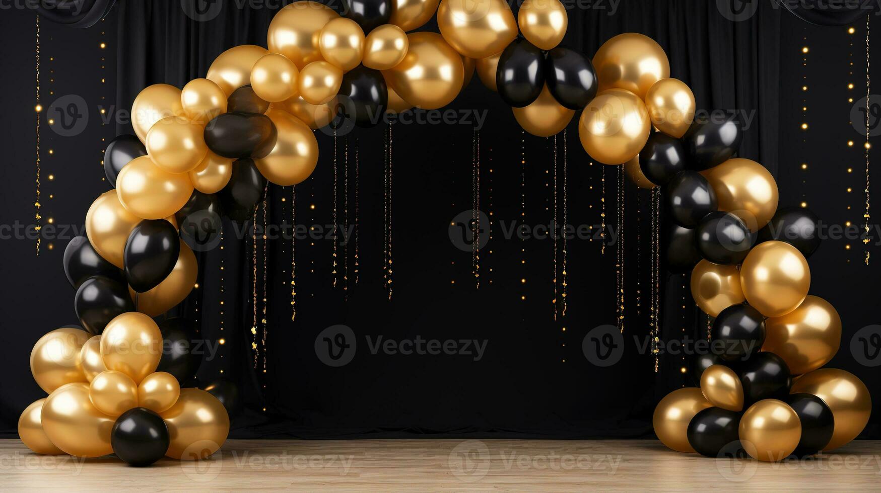 Generative AI, arch of black and golden balloons. Mock up for Black Friday or other holiday 3d background photo