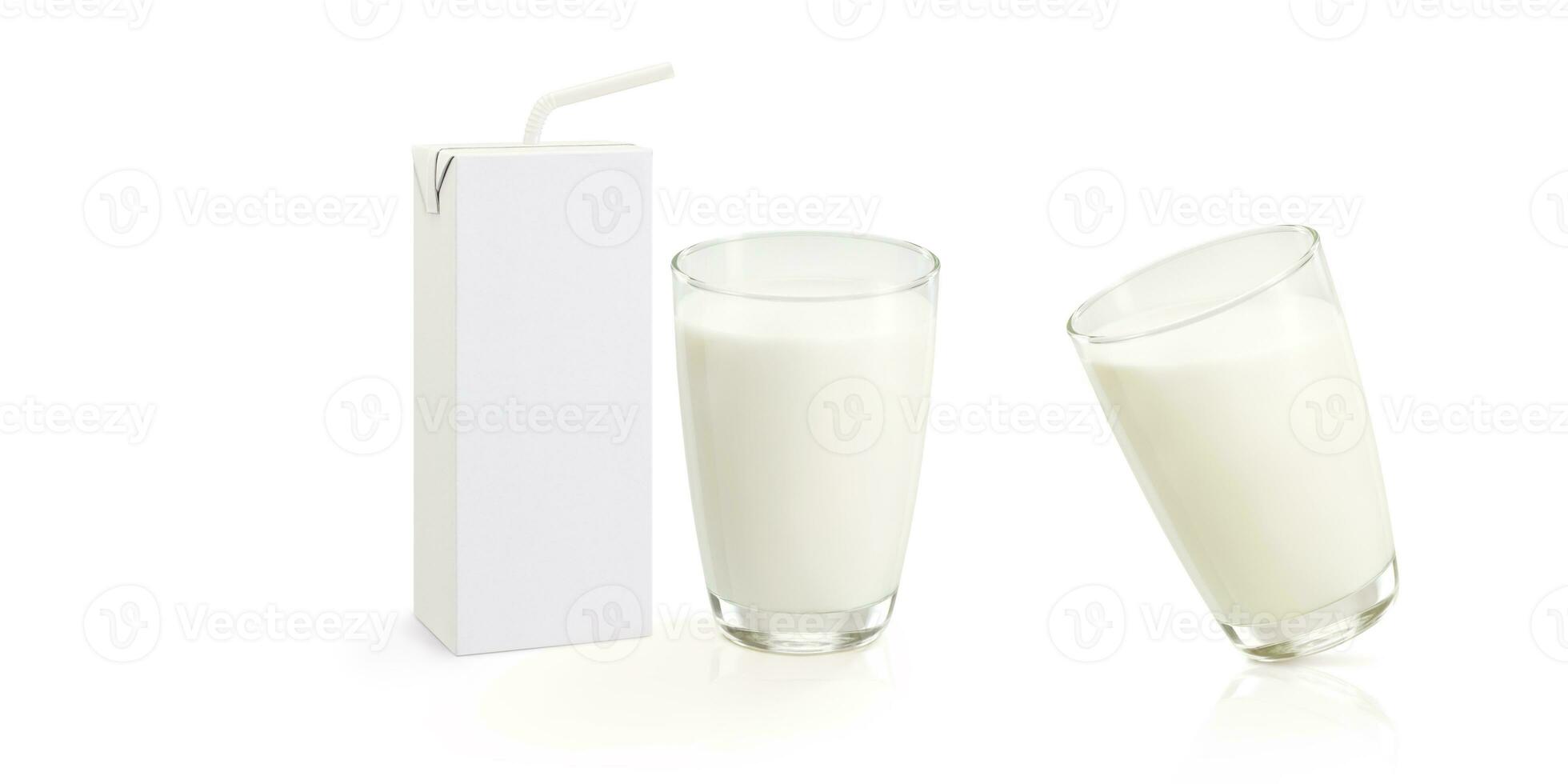 Milk in a glass and an empty milk carton for text. photo