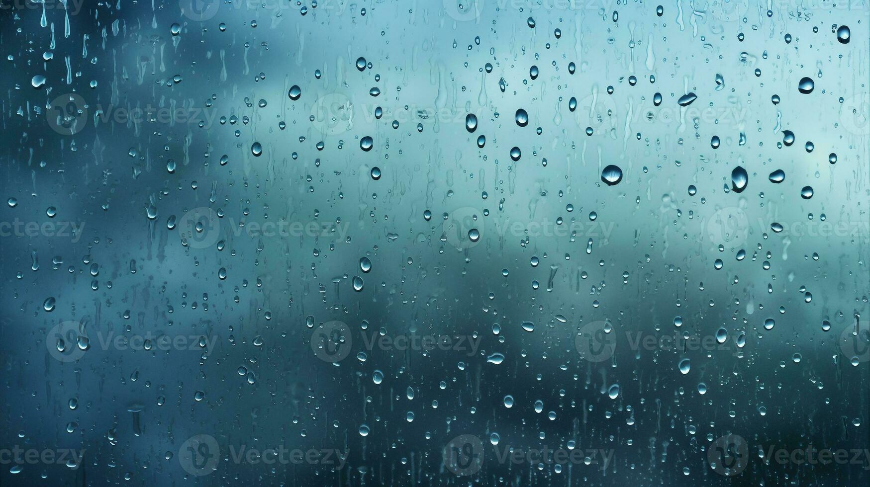 Raindrops on window glasses surface with the gray sky background. Created with AI Generative. photo