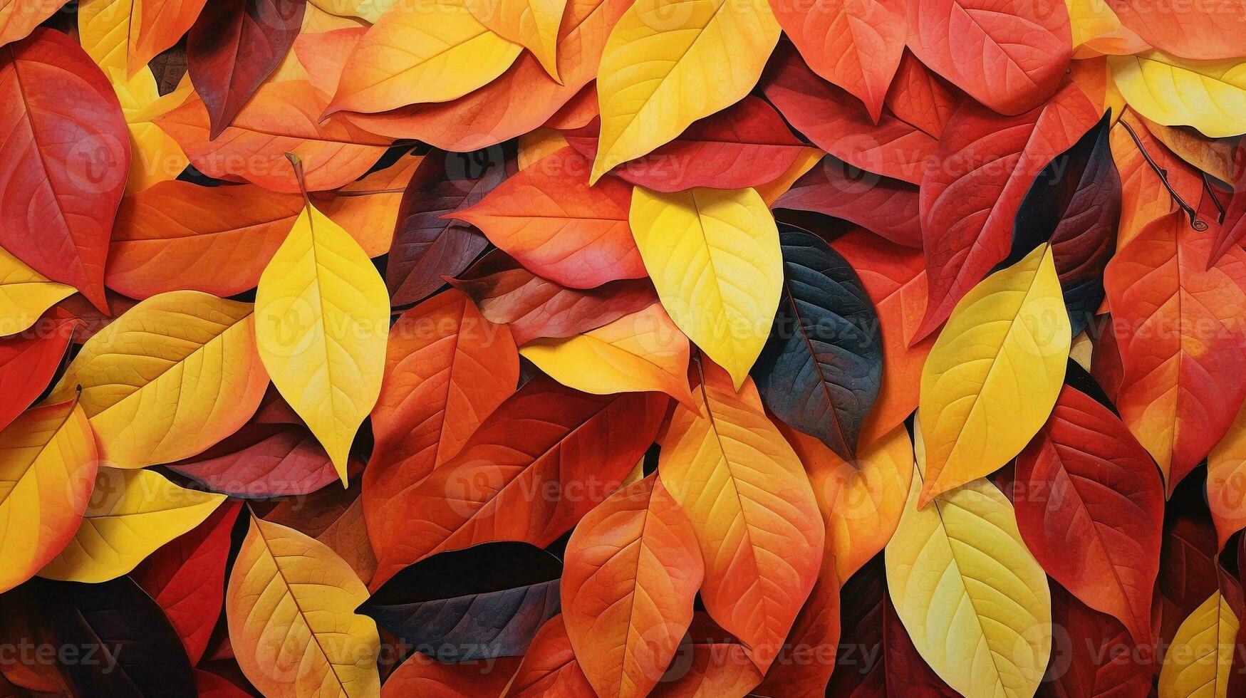 Top view of red, orange, and yellow leaves background, fallen leaves in autumn.Generative ai. photo