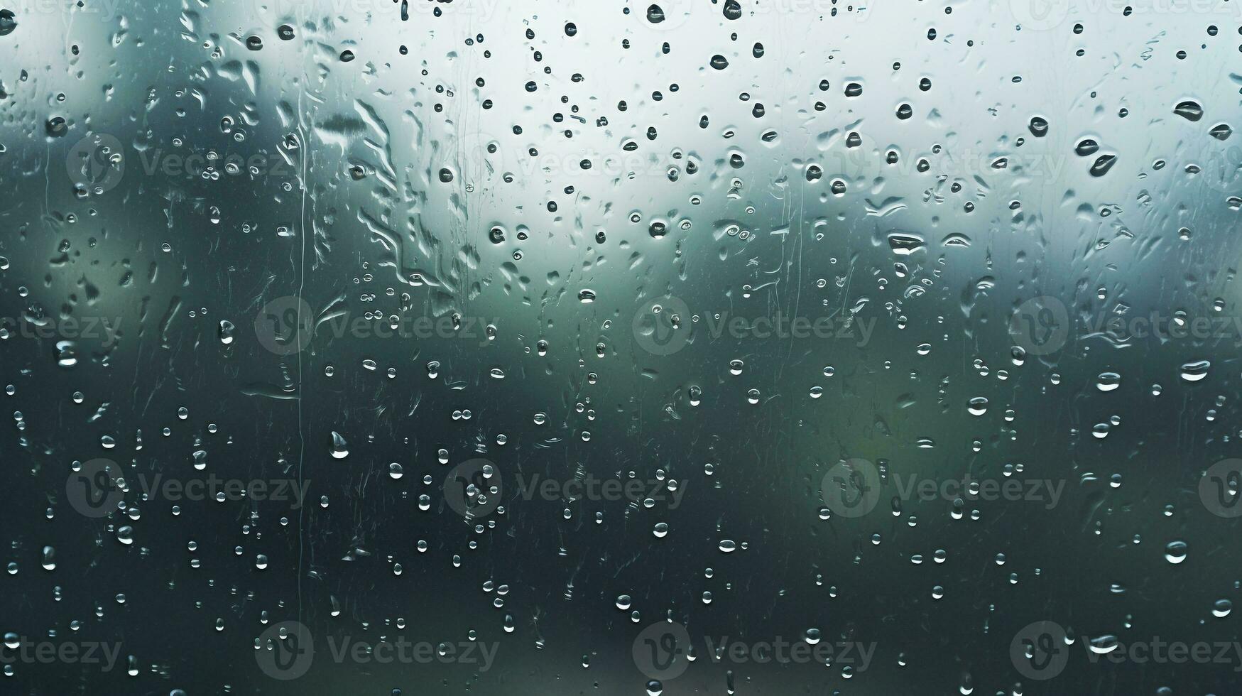 Raindrops on window glasses surface with the gray sky background. Generative ai. photo