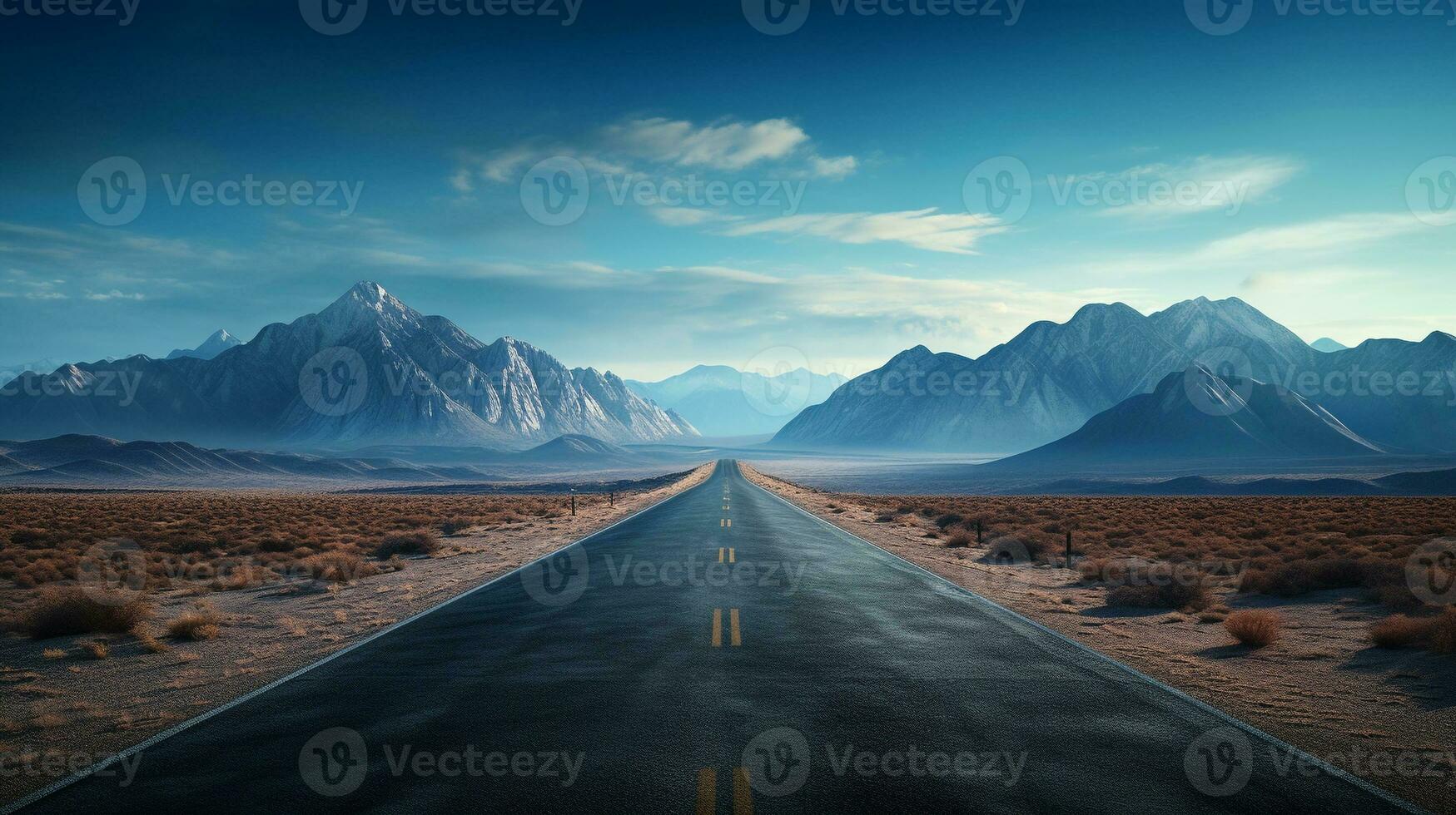 Road through the scenic landscape to the destination, A long straight road path journey towards mountains. Generative ai. photo