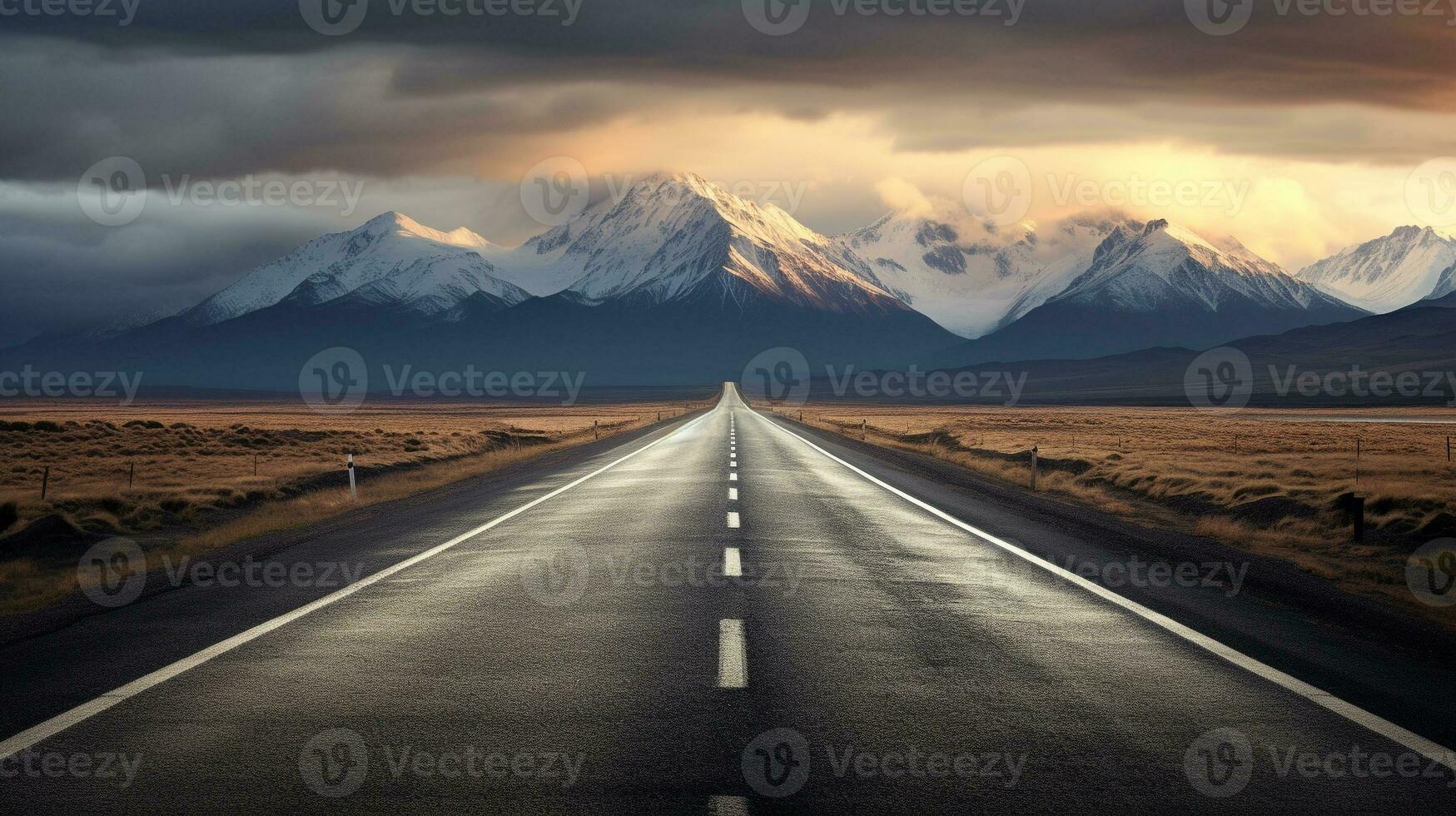 Road through the scenic landscape to the destination, A long straight road path journey towards mountains. Created with AI Generative. photo