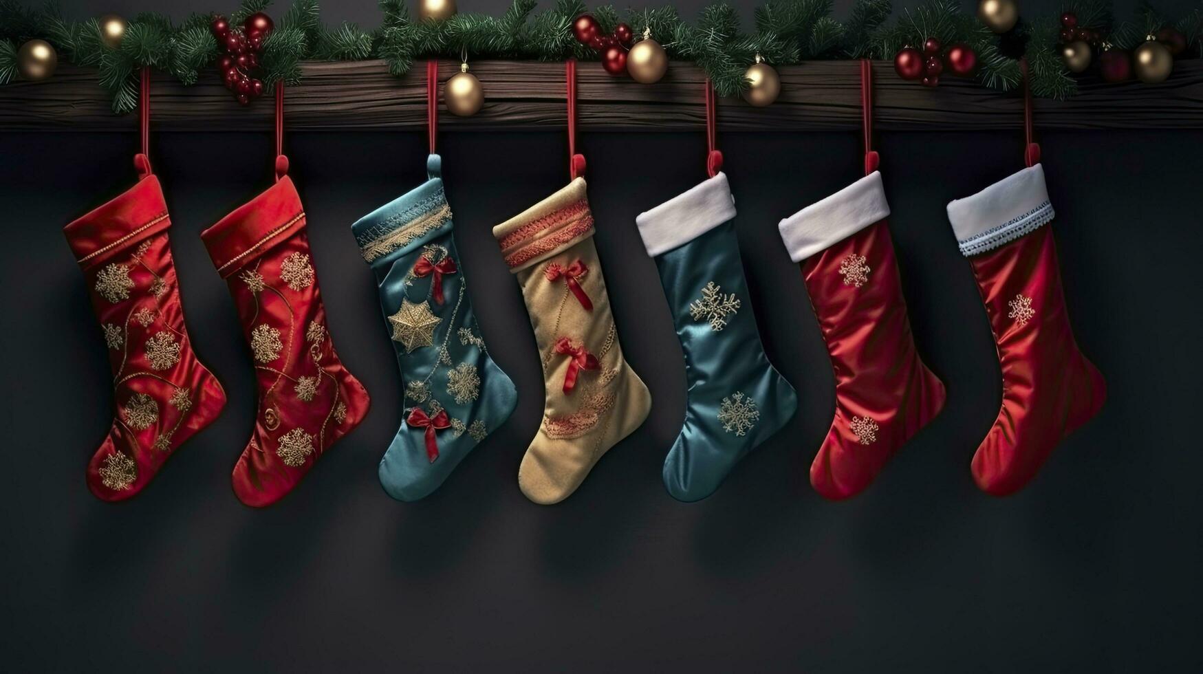 of Stockings Christmas tree, AI Generated. photo