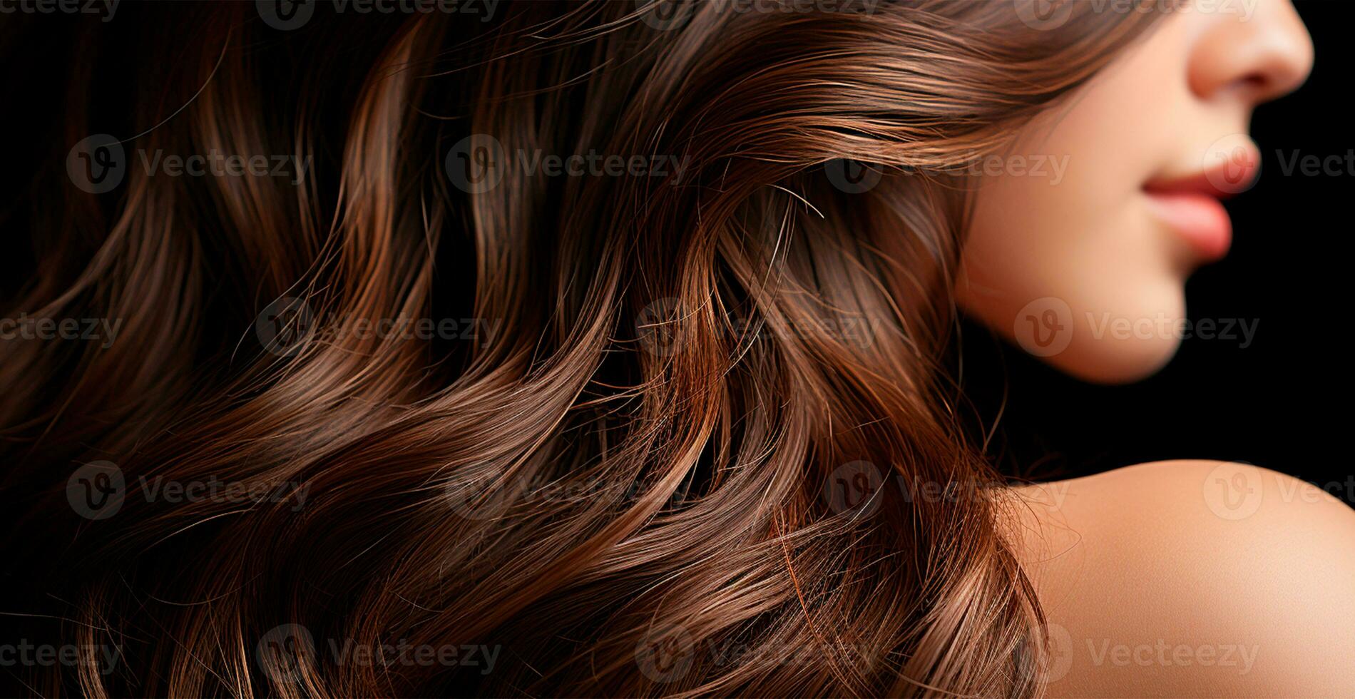 Brunette girl hair close-up as a background. Long natural dark hair. Girl with wavy shiny curls - AI generated image photo