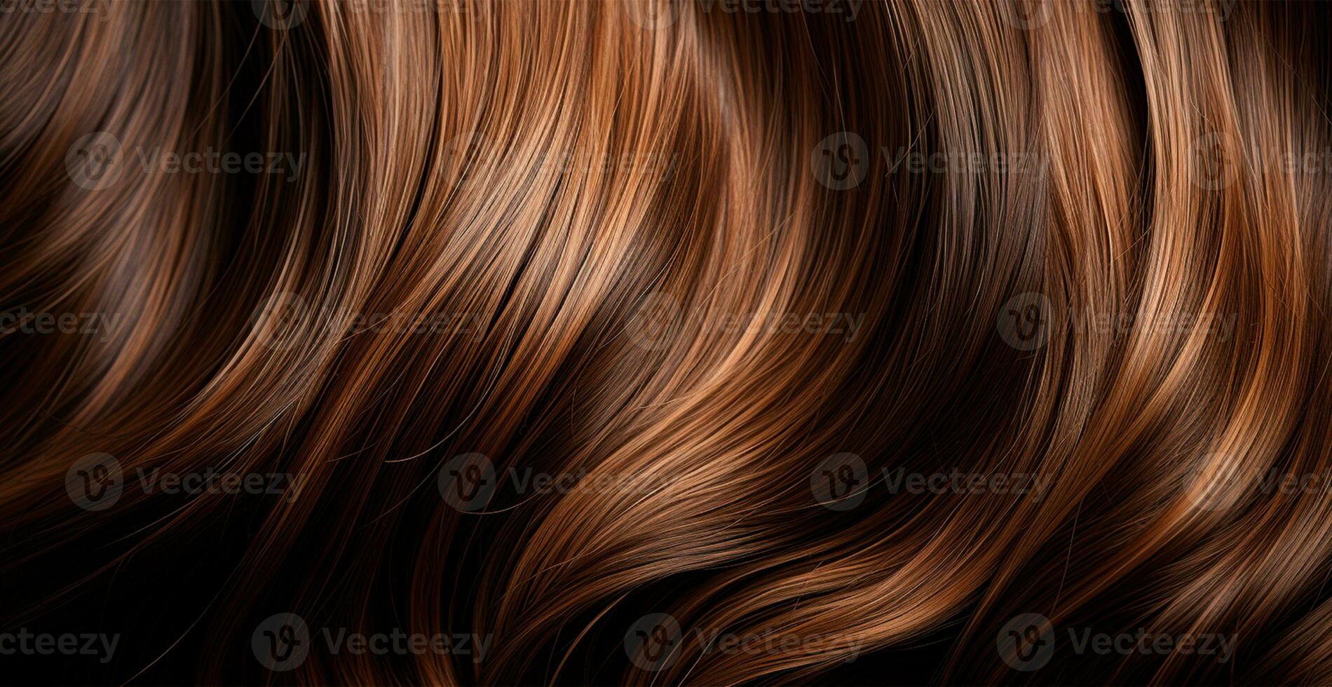 Brunette hair close-up as background. Women's long natural dark hair. Girl with wavy shiny curls - AI generated image photo