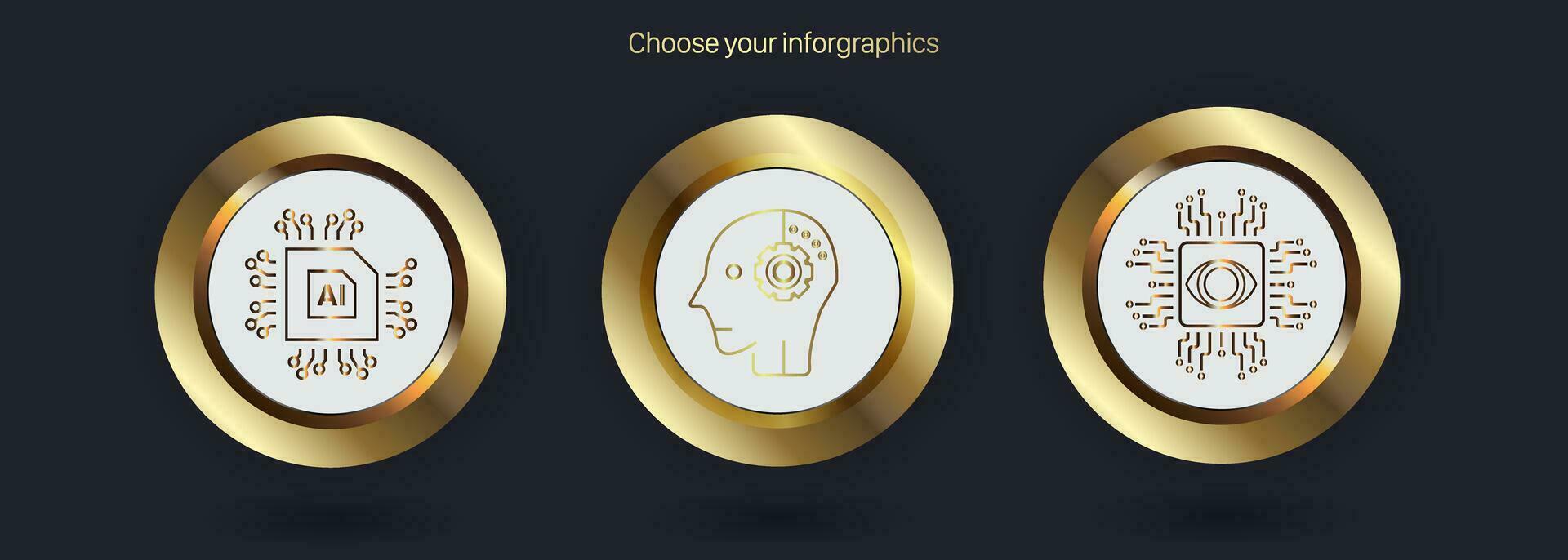 Three premium Artifitual Intelligence Buttons concept, golden AI buttons version on a dark background vector