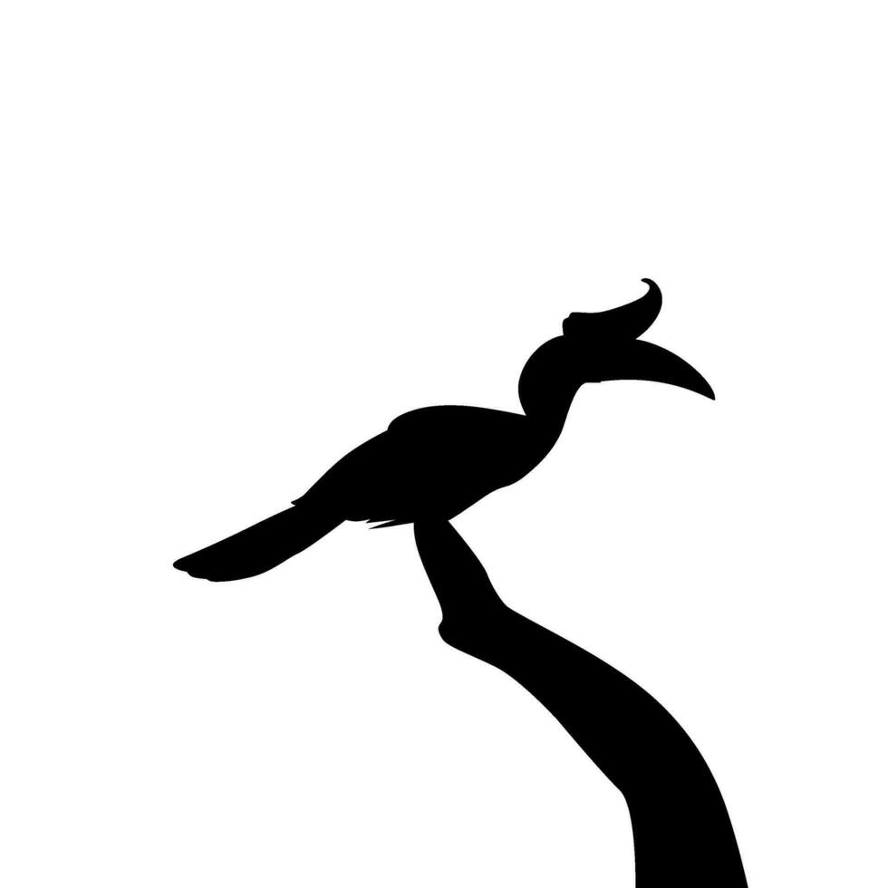 Great Horn Bird Silhouette Perched on the Branch Tree Silhouette. Vector Illustration