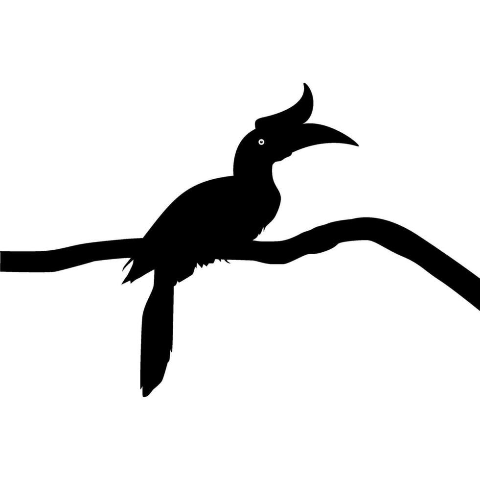 Great Horn Bird Silhouette Perched on the Branch Tree Silhouette. Vector Illustration