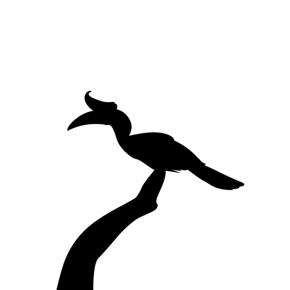 Great Horn Bird Silhouette Perched on the Branch Tree Silhouette. Vector Illustration