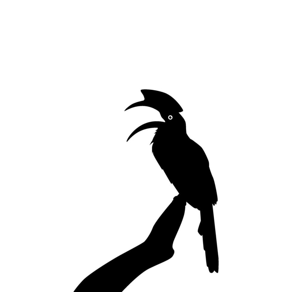 Great Horn Bird Silhouette Perched on the Branch Tree Silhouette. Vector Illustration