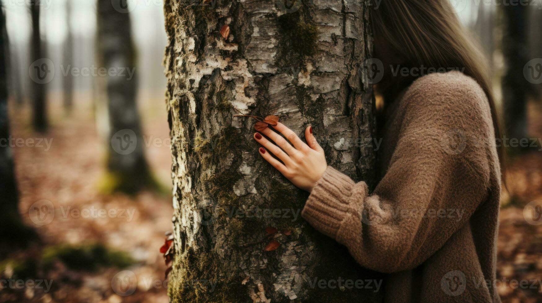 Young beautiful girl in a brown sweater  stands near a tree and hug it in the autumn forest. photo