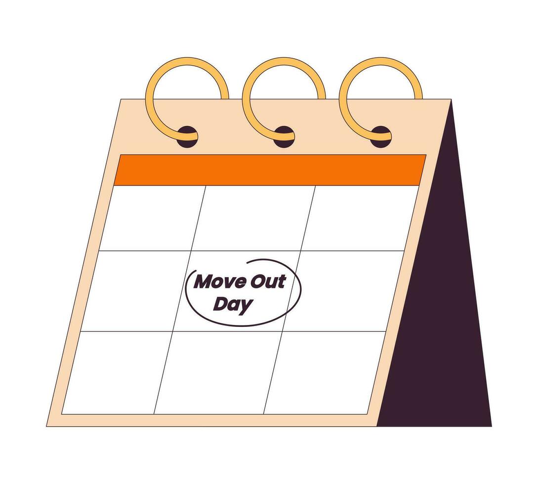 Moving out day on calendar page flip 2D linear cartoon object. Deadline reminder circling calender isolated line vector element white background. Relocation moving house color flat spot illustration