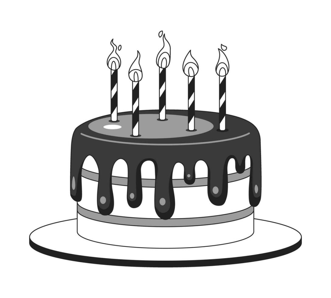 Birthday cake lit candles black and white 2D cartoon object. Happy birthday dessert isolated vector outline item. Childhood celebration. Brownie chocolate cake monochromatic flat spot illustration