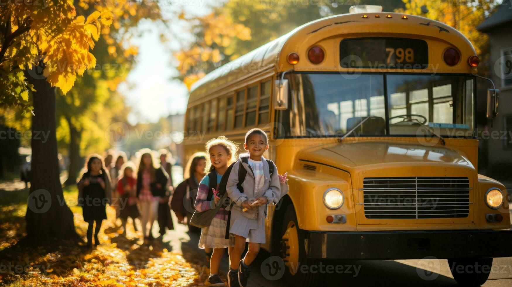 Back to school. Cute schoolgirls, schoolboys and school bus in the autumn park. photo