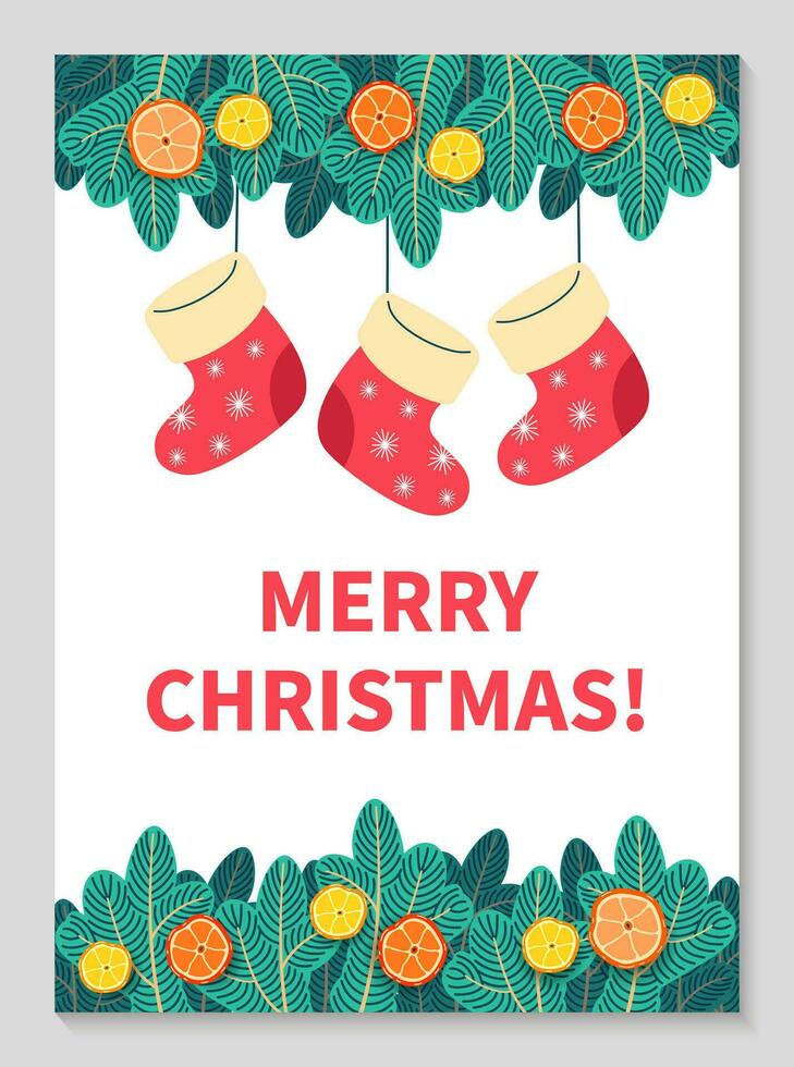 Merry Christmas greeting card. Spruce branches, tangerines and stocking. Hand drawn vector illustration. Winter theme greeting card. Christmas Backgrounds. Flat design.