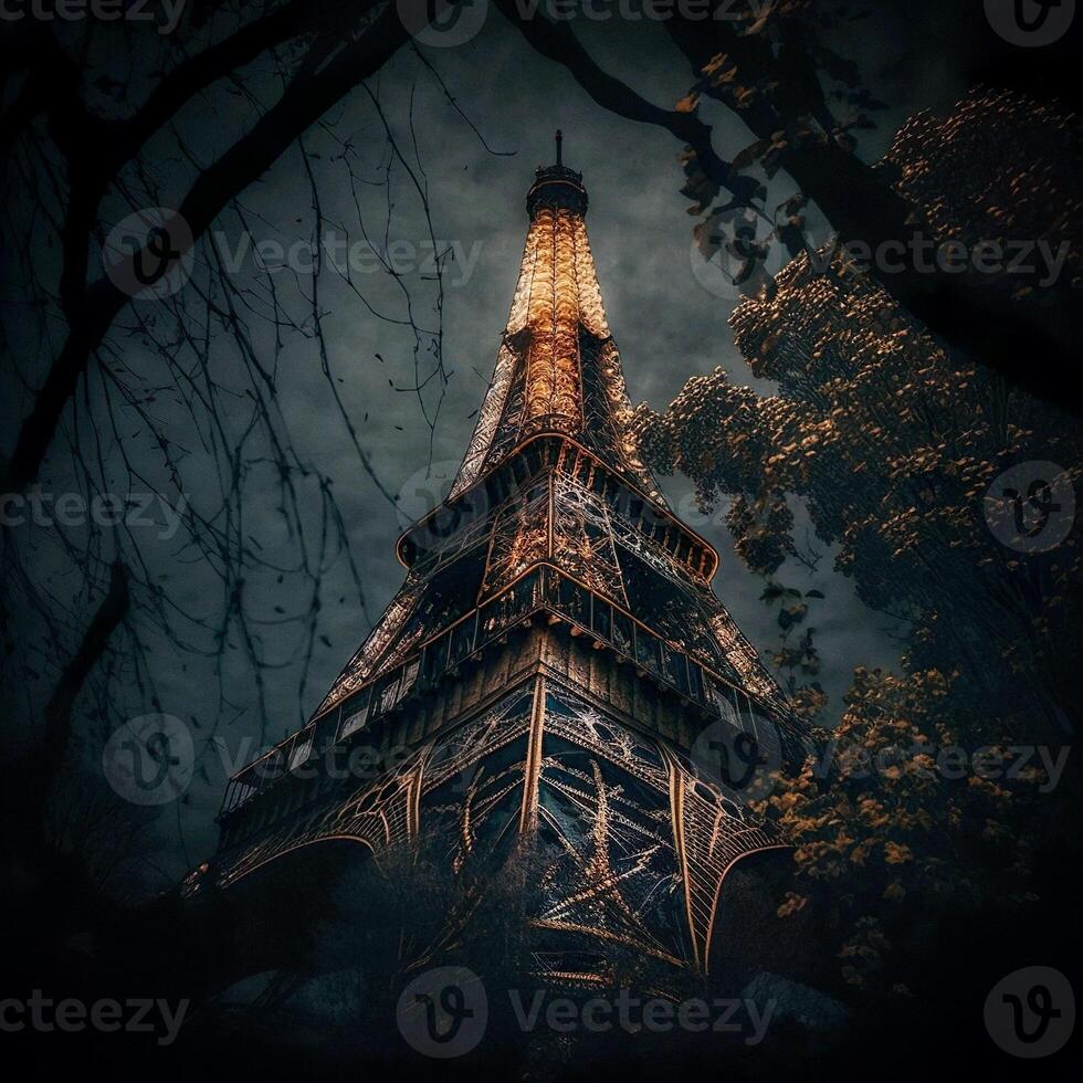 Eiffel Tower Illuminated at Night AI Generated Contrasting View photo