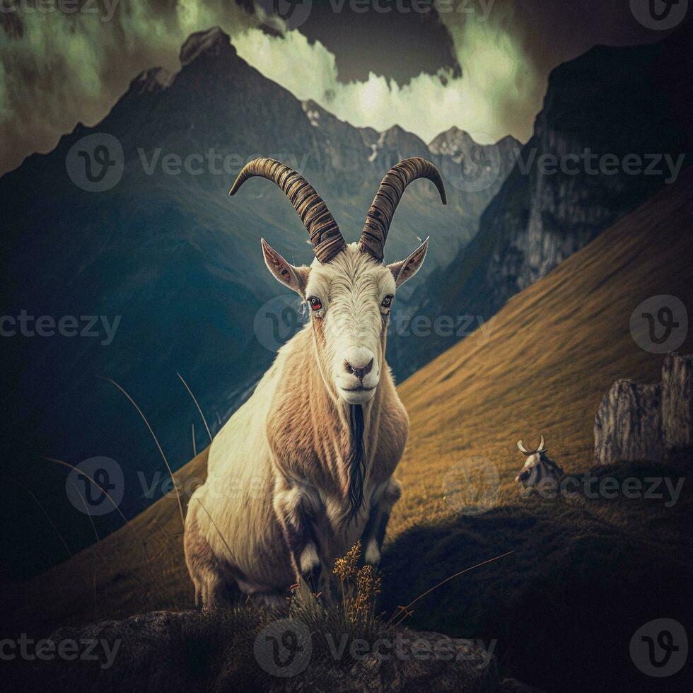 Alpine Majesty   AI generated Image of Ibex with Mountain Background photo