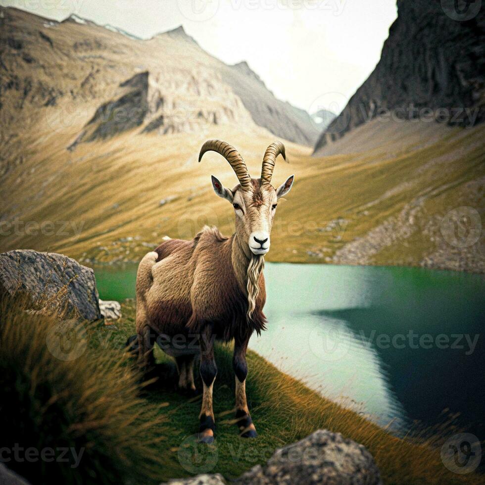 Alpine Majesty   AI generated Image of Ibex with Mountain Background photo