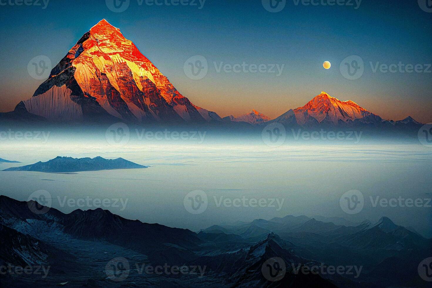 Alpine Majesty at Sunset Snow capped Peaks Above a Sea of Clouds with the Moon   generative ai photo