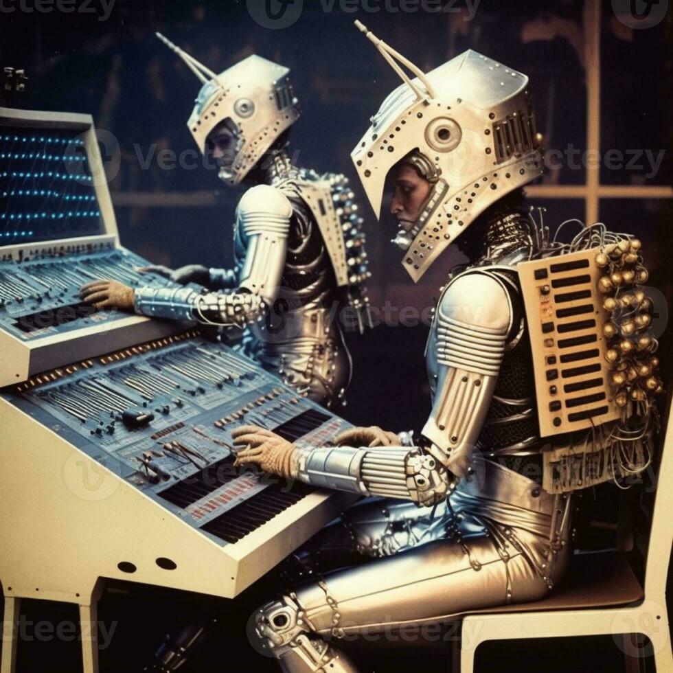 Retrofuturistic Androids Jamming on Synths   generative ai photo